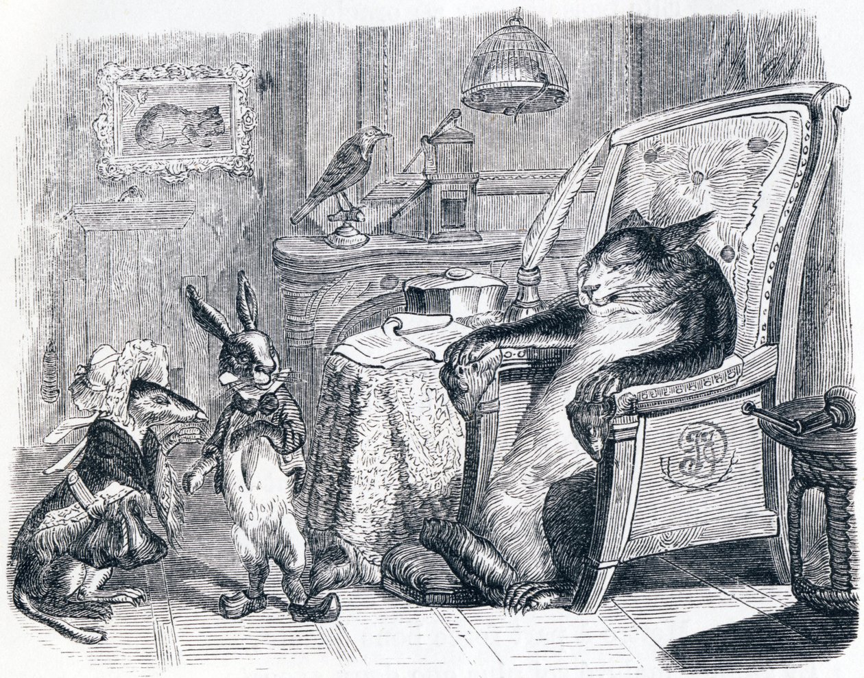 Il gatto, la donnola e il coniglietto - Favole di La Fontaine da Grandville