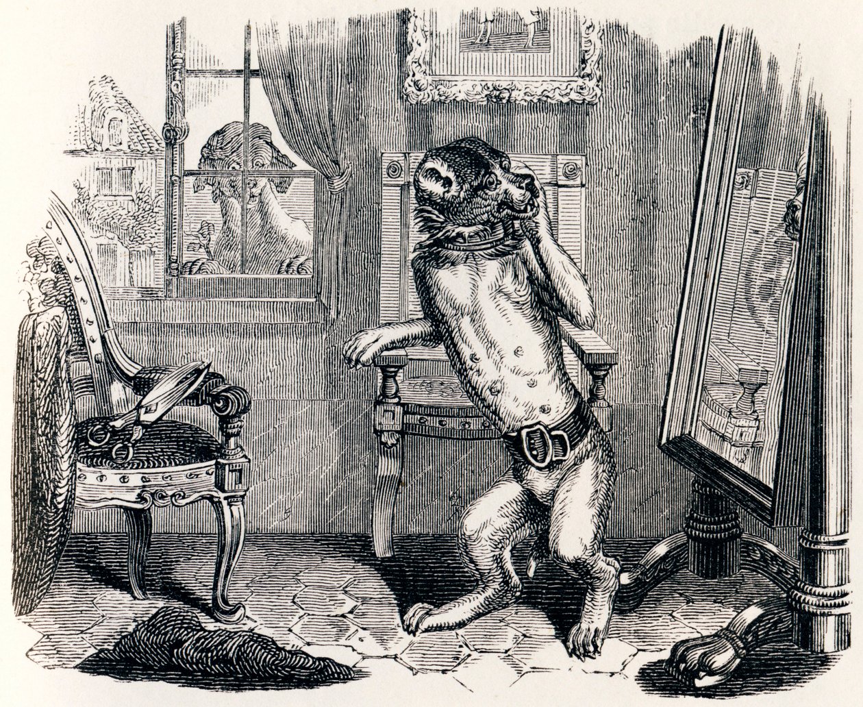 Il cane con le orecchie tagliate (Le chien à qui on a coupé les oreilles) - Favole di La Fontaine da Grandville