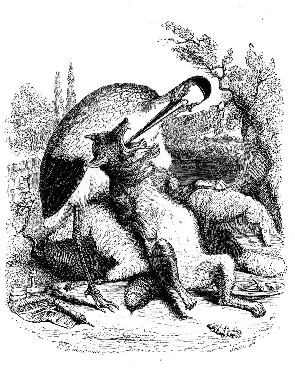 Il lupo e la cicogna: favola di La Fontaine illustrata da Grandville. Edizione Garnier 1860. La cicogna è rappresentata come un medico (ricompense sbagliate per la sua devozione!) da Grandville (1803 47)