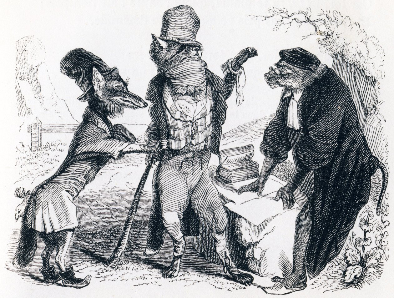 Il lupo che accusa la volpe davanti alla scimmia - Favole di La Fontaine da Grandville