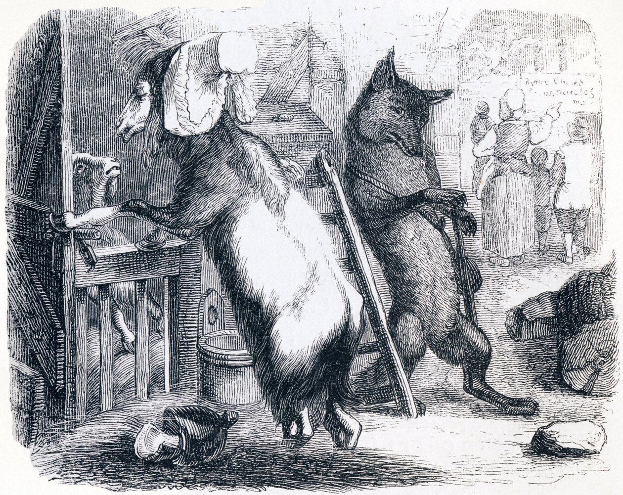 Il lupo, la capra e il capretto (Le loup, la chèvre et le chevreau) - Favole di La Fontaine da Grandville