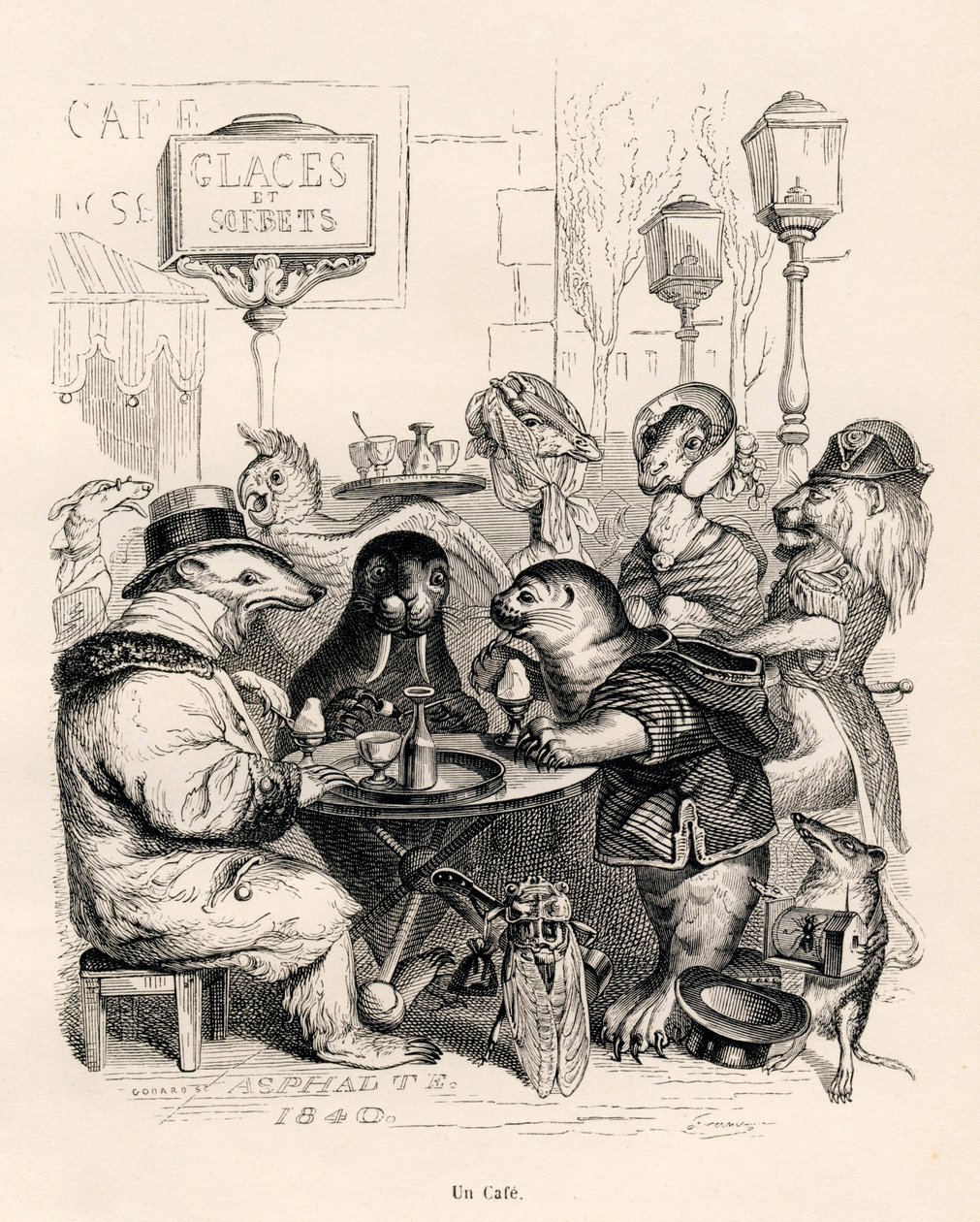 Un caffè frequentato da animali di ogni genere. Vignette illustrate da JJ Granville. Incisione firmata Godard nella parte intitolata "Voyage d
