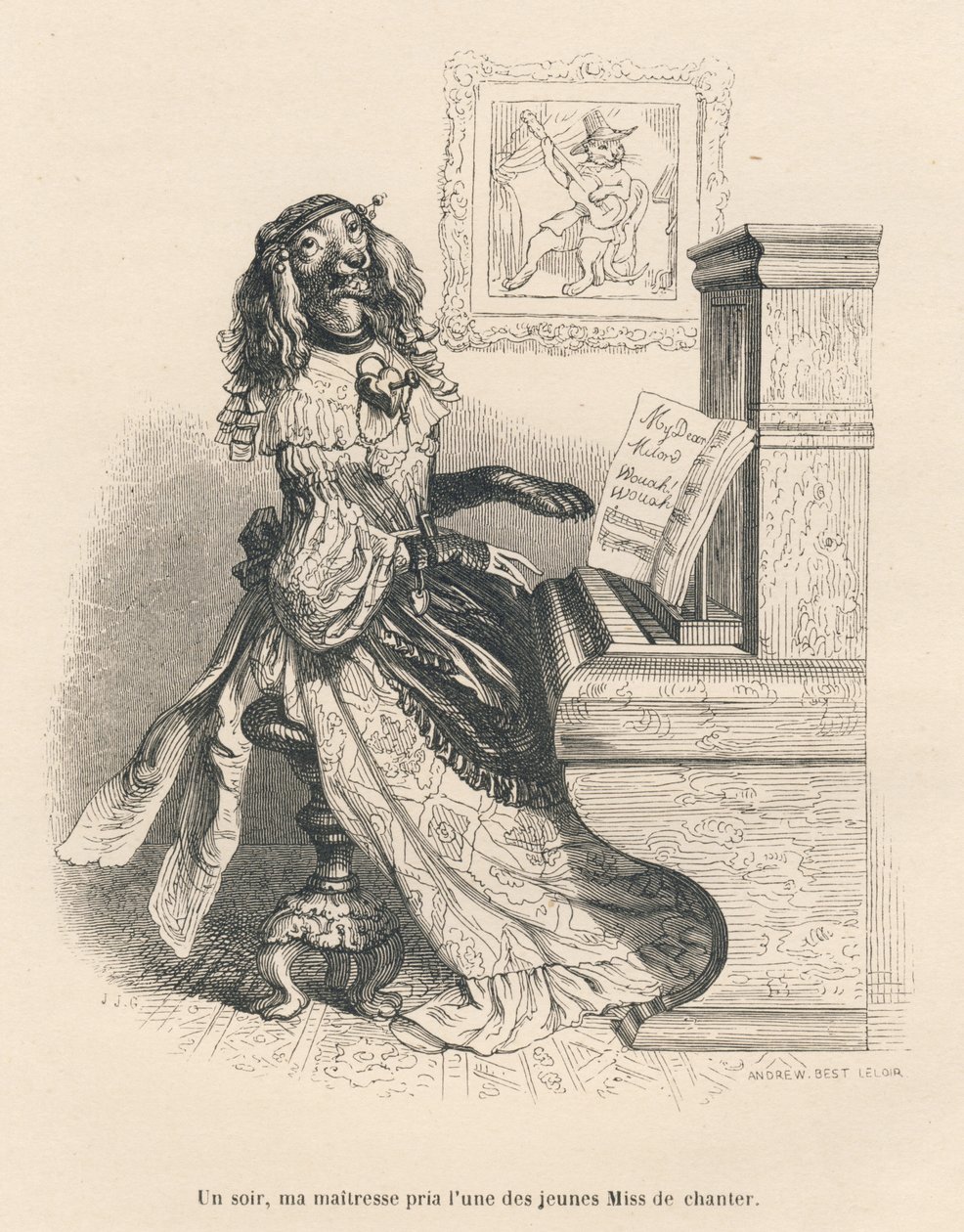 Un cane che canta al pianoforte. Vignette illustrate da JJ Granville. Incisione firmata Andrew, Best e Leloir nella parte intitolata "Pene di corte di una gatta inglese" scritto da Honoré de Balzac in "Scene della vita privata e pubblica degli animali". Pa da Grandville