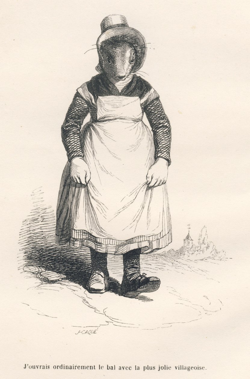 Contadina che si reca al ballo. Vignette illustrate da JJ Granville. Incisione firmata Caque nella parte intitolata "L