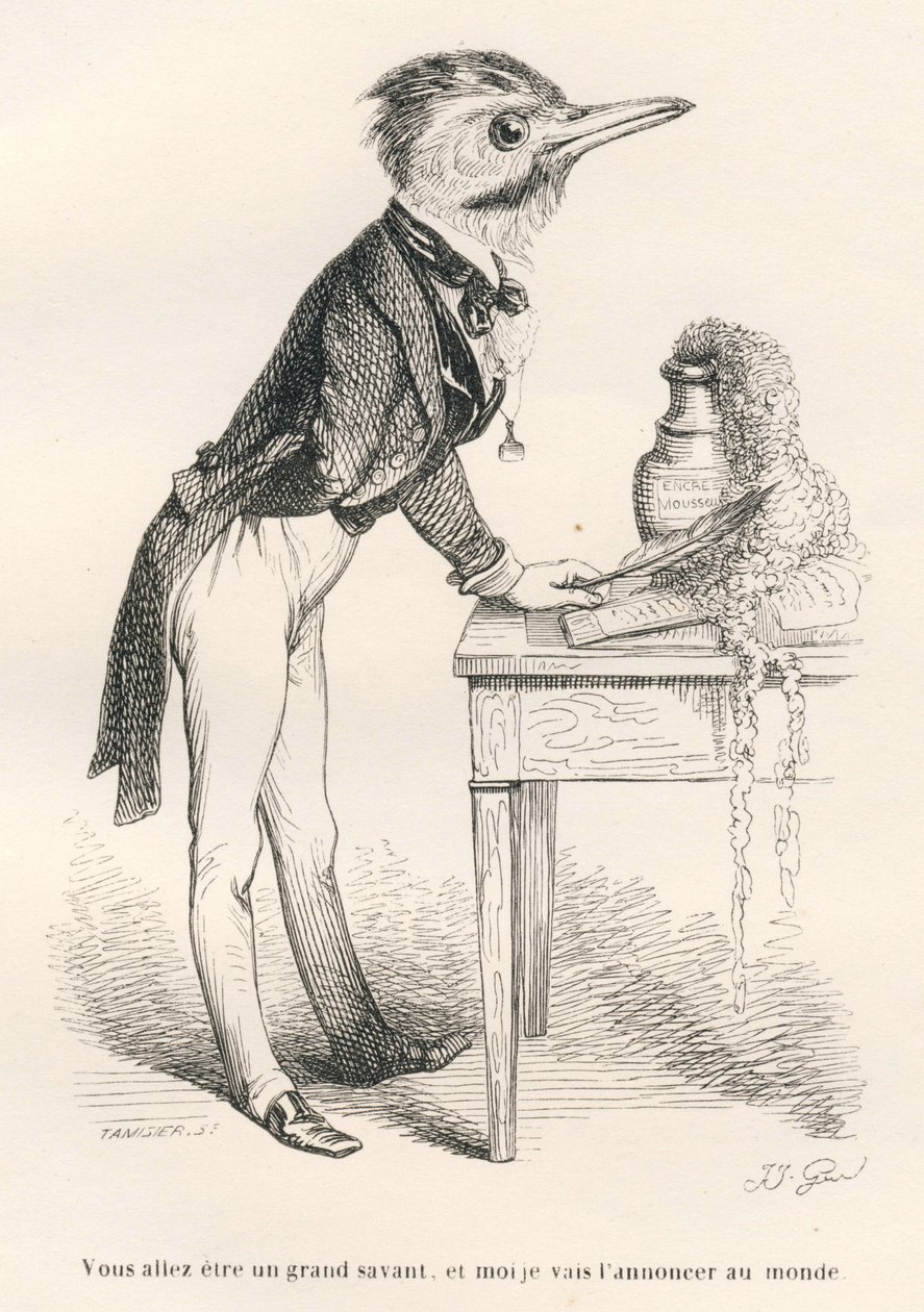 Sarai un grande scienziato, e io lo annuncerò al mondo. Vignette illustrate da JJ Granville. Incisione firmata Tamisier nella parte intitolata "Guida-asino per gli animali che vogliono raggiungere gli onori" scritto da Honoré De Balzac da Grandville