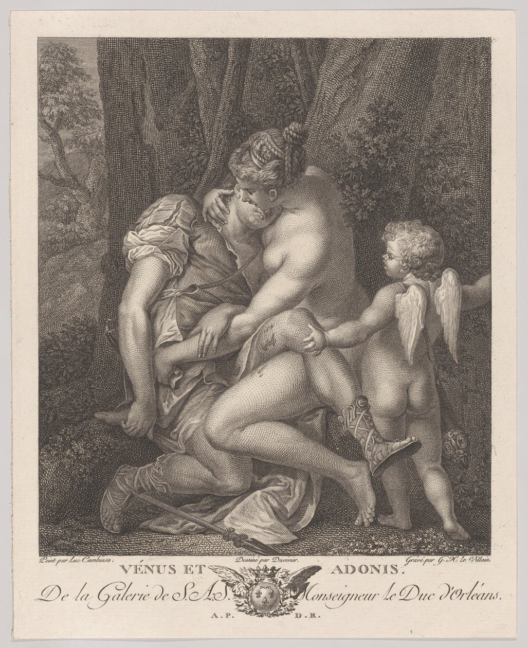 Venere piange Adone, seduta sotto un albero e abbracciandolo, con Cupido a destra da Gérard René Le Vilain