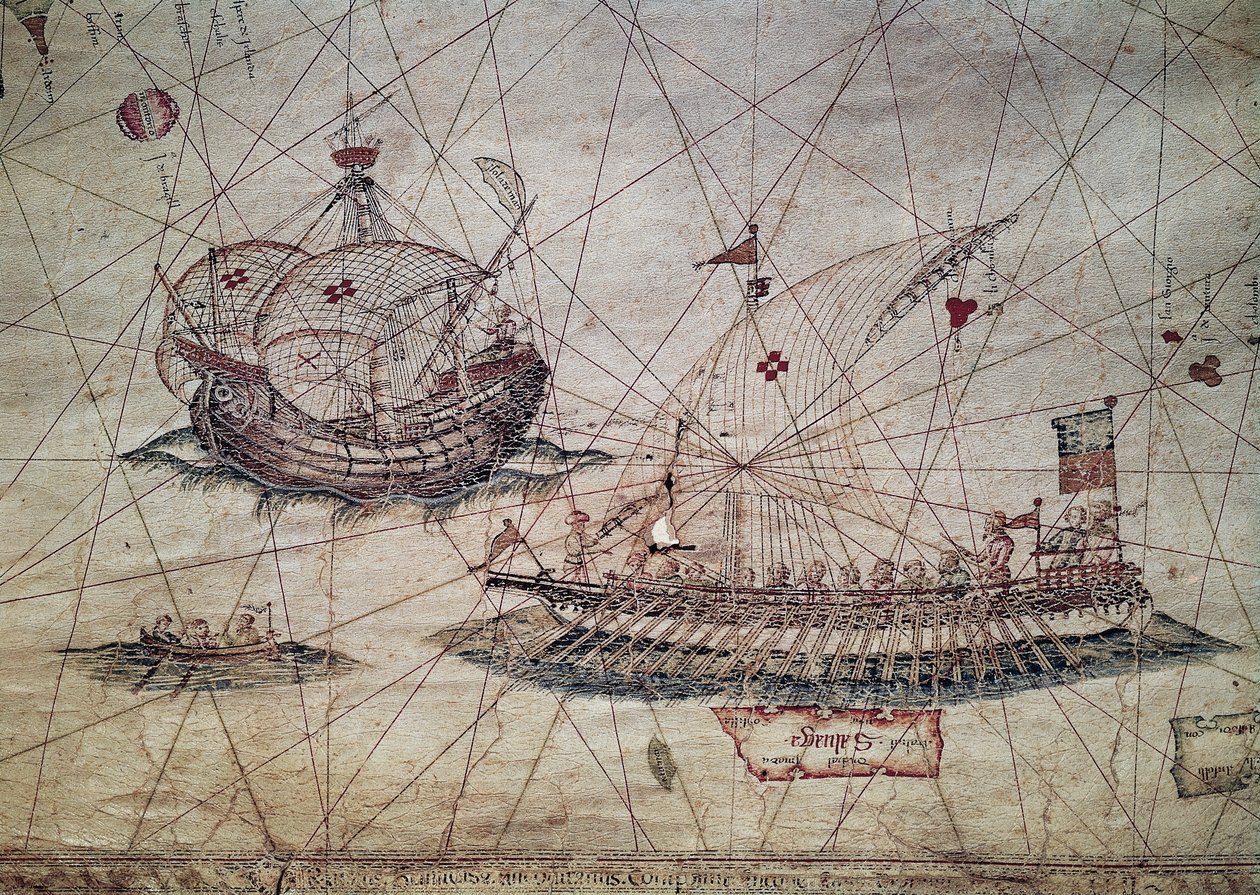 Galea e caravella portoghese (dettaglio) dalla Carta nautica del Mediterraneo da Grazioso Benincasa
