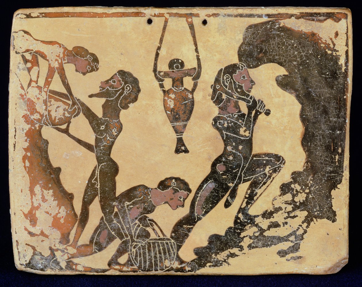 Una placca corinzia che raffigura lavoratori in una cava di argilla, da Penteskophia vicino a Corinto, 575-550 a.C. da Greek