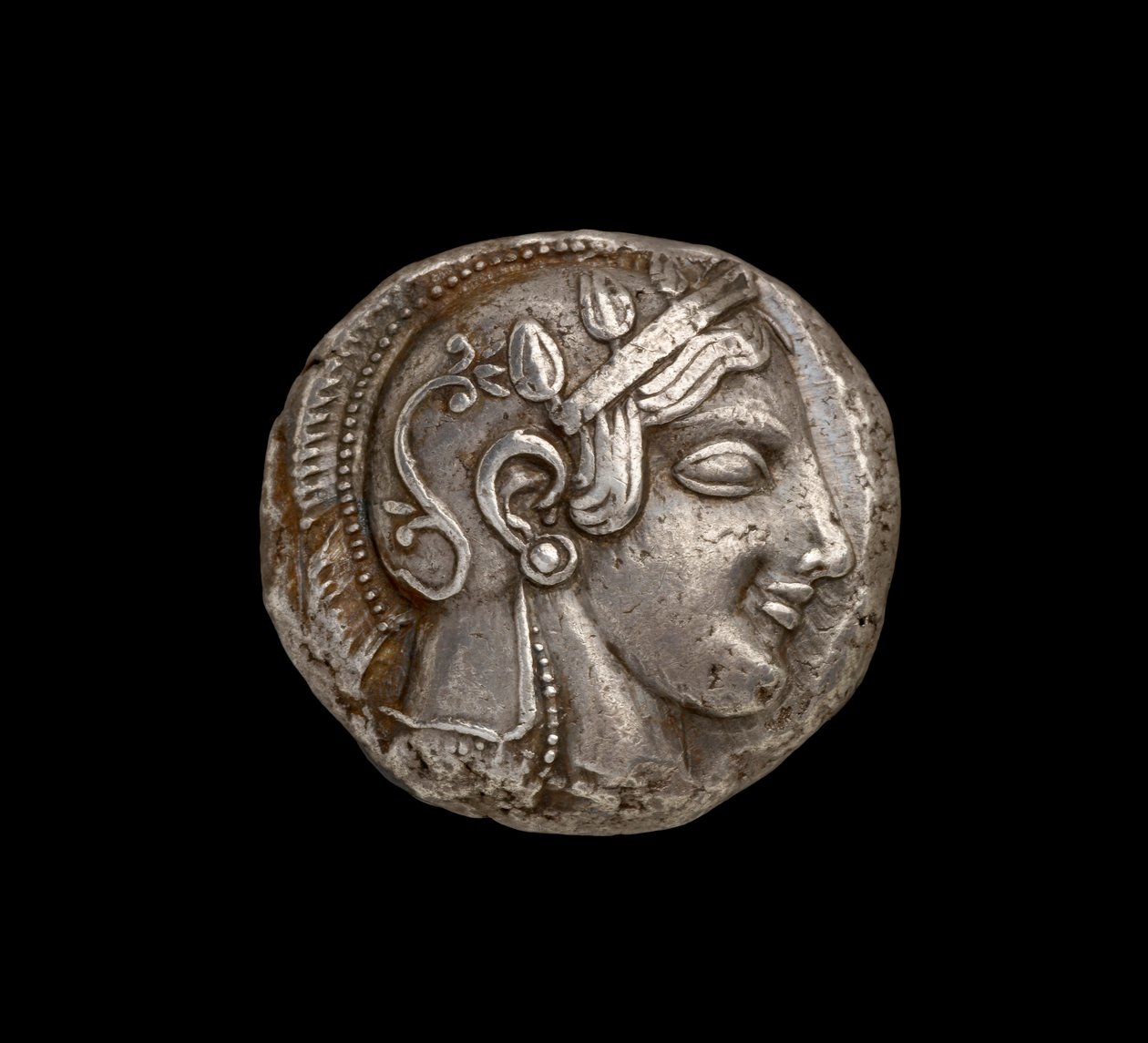 Moneta di Atena, vista del dritto che raffigura la testa di Atena, c.440 a.C. (argento) da Greek
