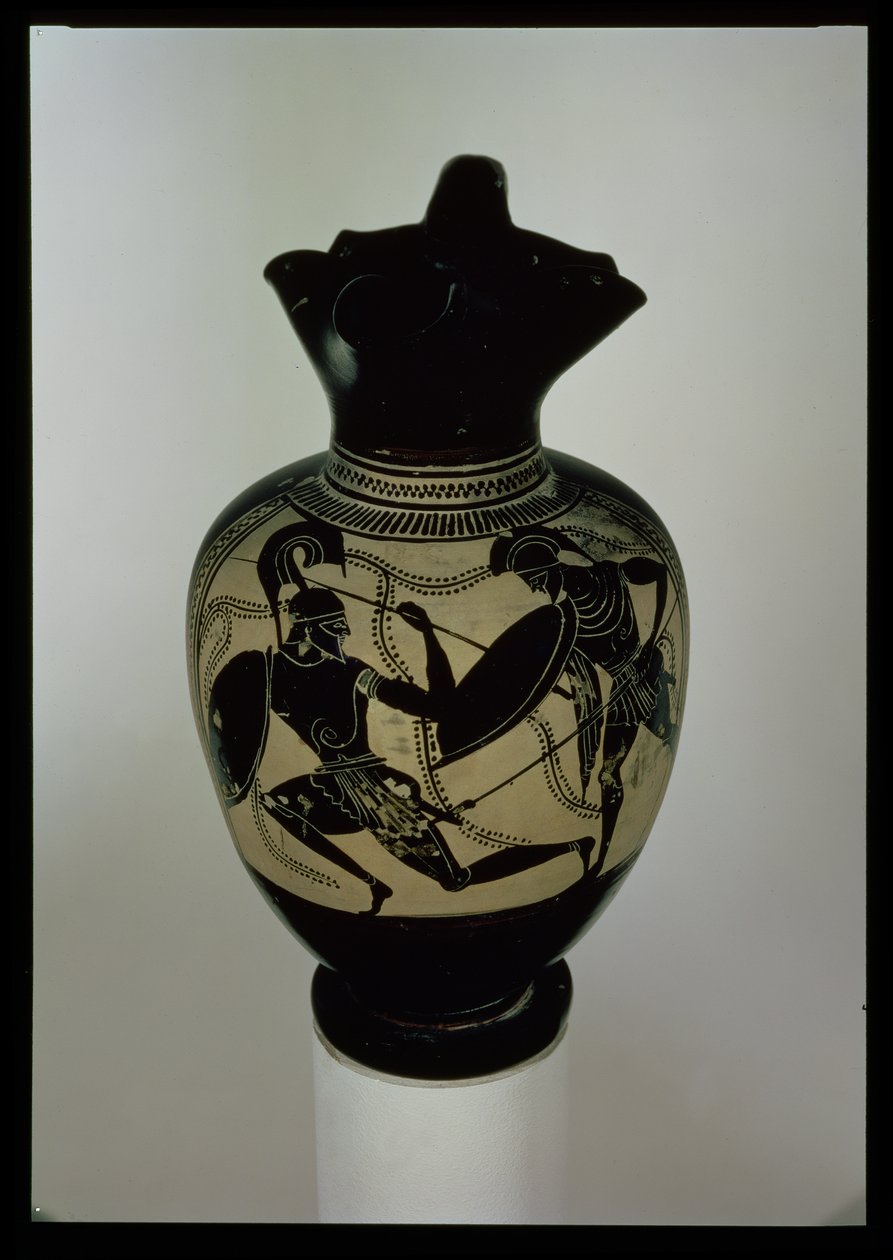 Oinichoe a figure nere ateniese decorato con due guerrieri in combattimento (ceramica) da Greek