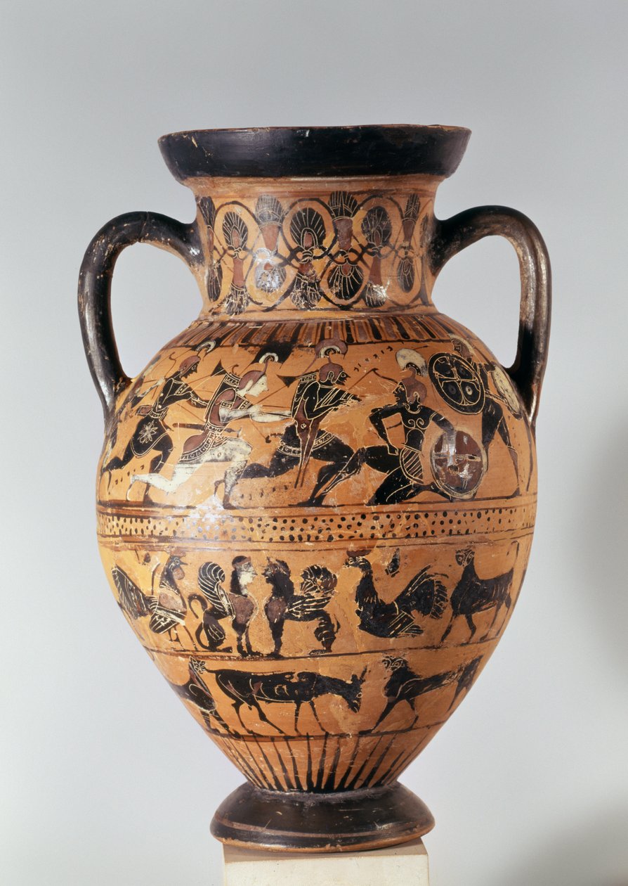 Anfora a figure nere attiche raffigurante guerrieri in combattimento e animali fantastici da Greek