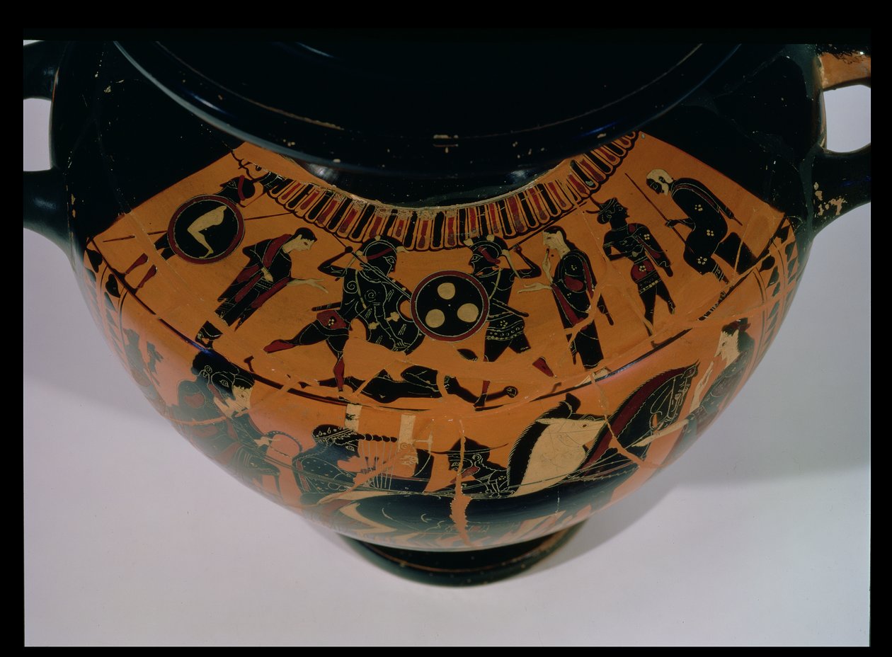 Idria a figure nere attiche (dettaglio della spalla decorata con una scena di battaglia, VI-V secolo a.C.) da Greek