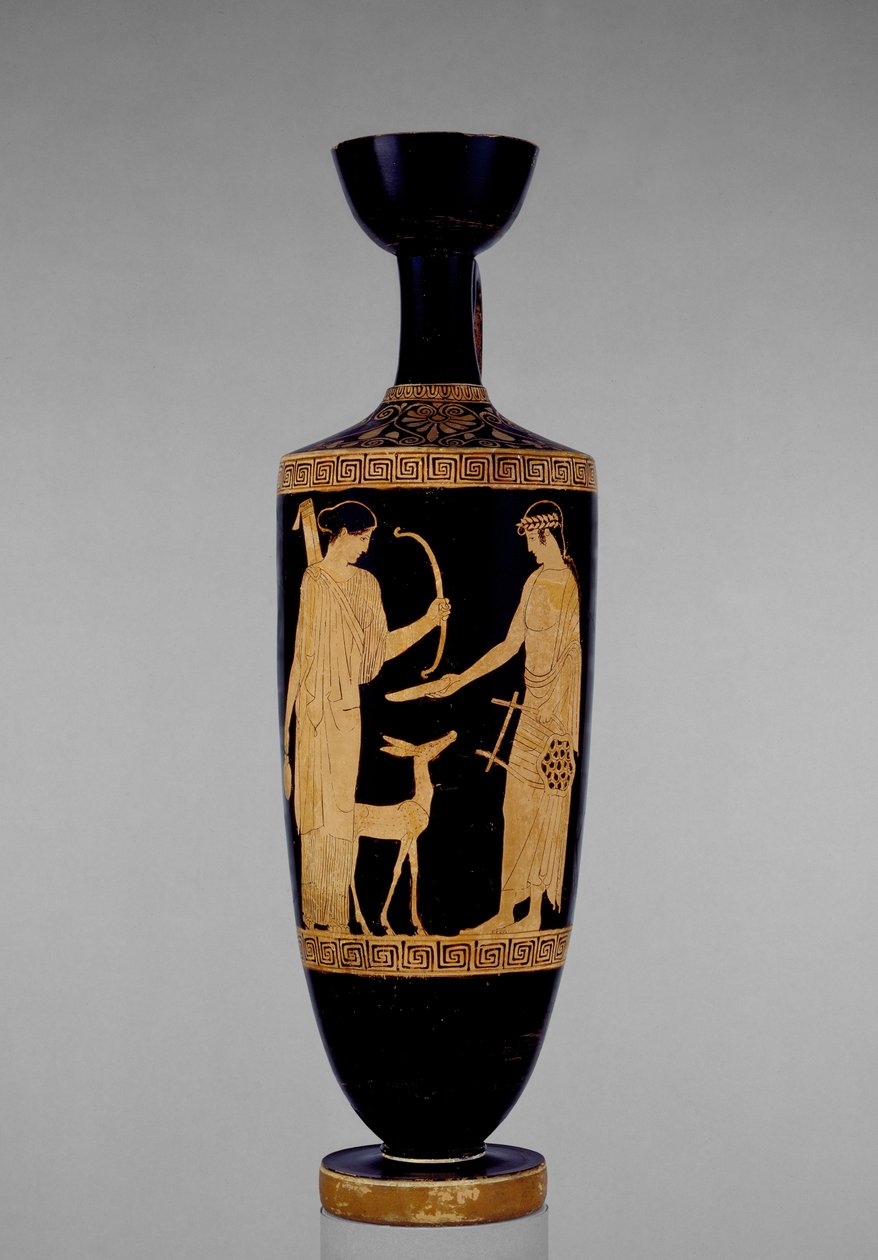 Lekythos a figure rosse attiche decorato con Apollo e Artemide con un cervo, V secolo a.C. da Greek