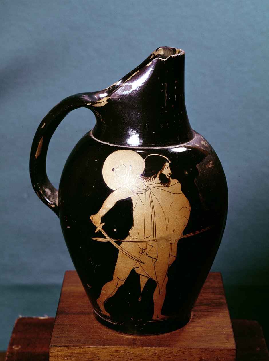 Oinochoe attica a figure rosse che raffigura Ulisse che insegue la maga Circe con la sua spada da Greek