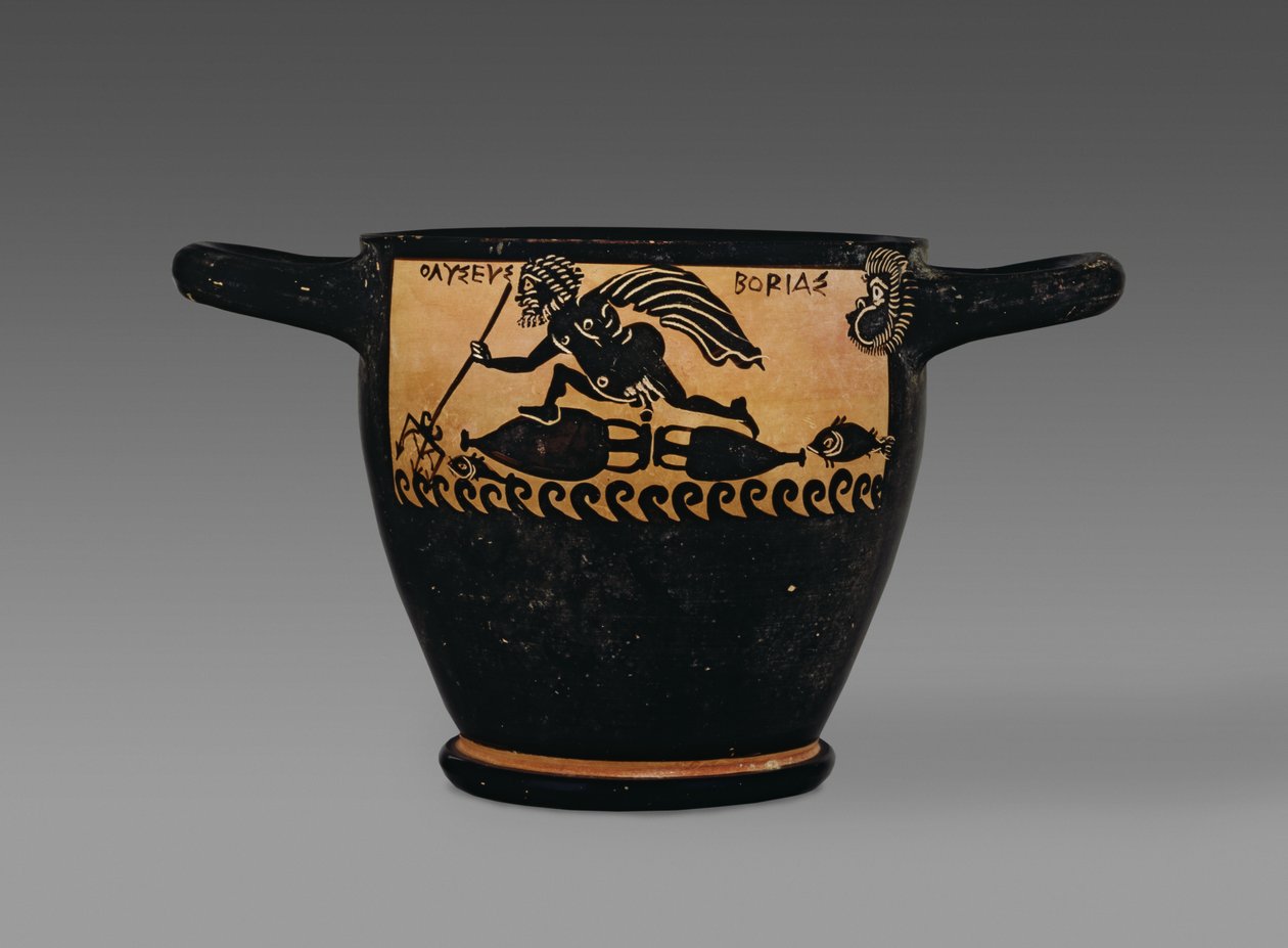 Skyphos a figure nere beote, decorato con una scena di Ulisse spinto attraverso il mare da Borea, dalla bottega del Pittore dei Mystae, Tebe, Beozia, fine V secolo a.C. da Greek