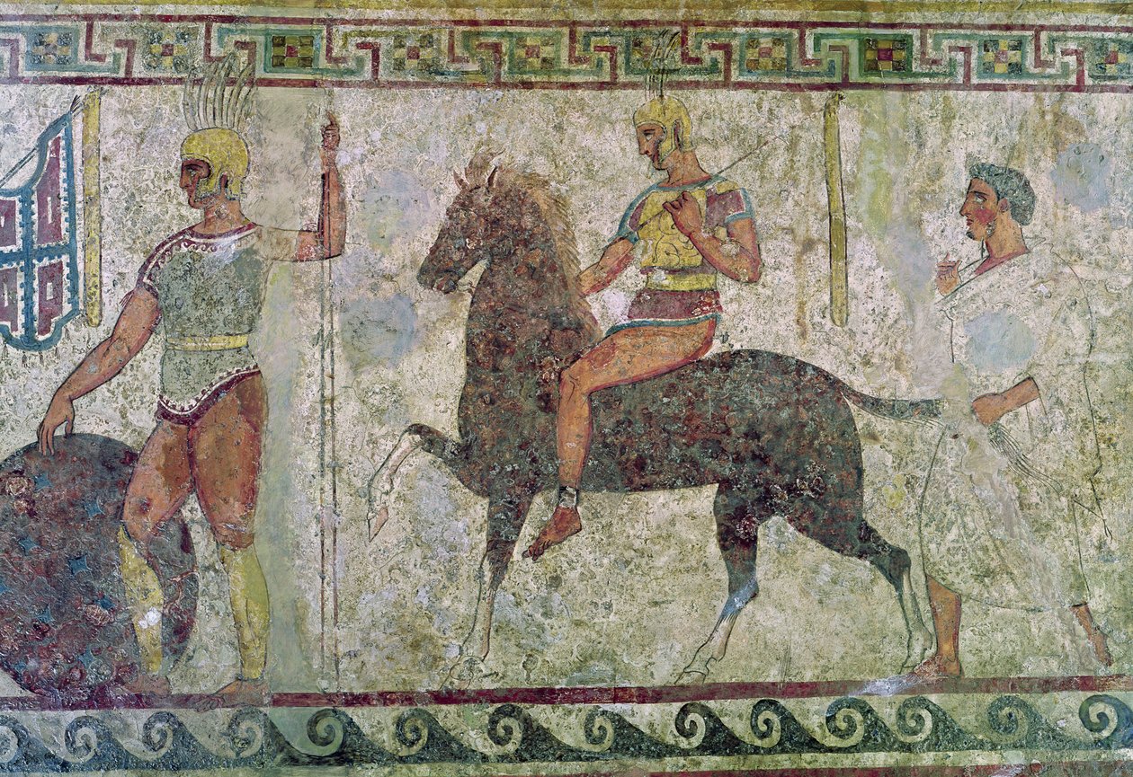 Cavaliere e soldato a piedi, pittura tombale da Paestum da Greek