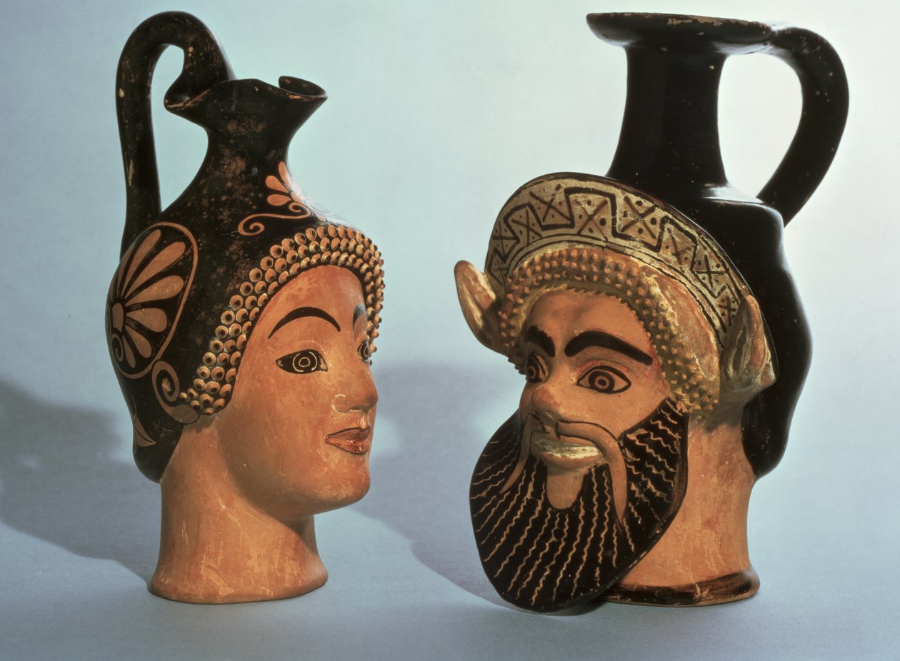 Oinochoe a testa di vaso, probabilmente da Atene, da sinistra a destra Menade, vaso di nome Classe E di The Oxford Class e Satiro, Classe P della Classe Chairete, c.500-450 a.C. da Greek