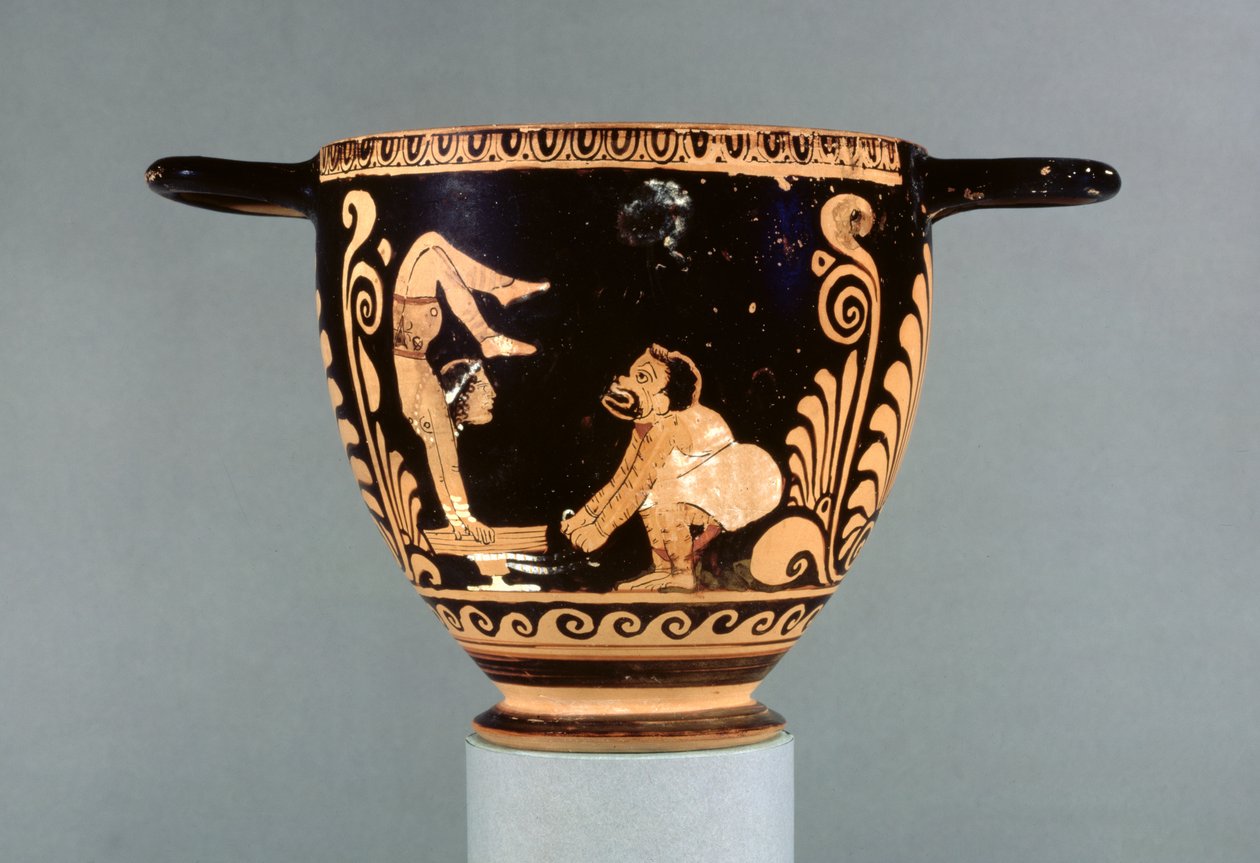 Skyphos a figure rosse di Paestum, decorato con un attore di phlyax e un