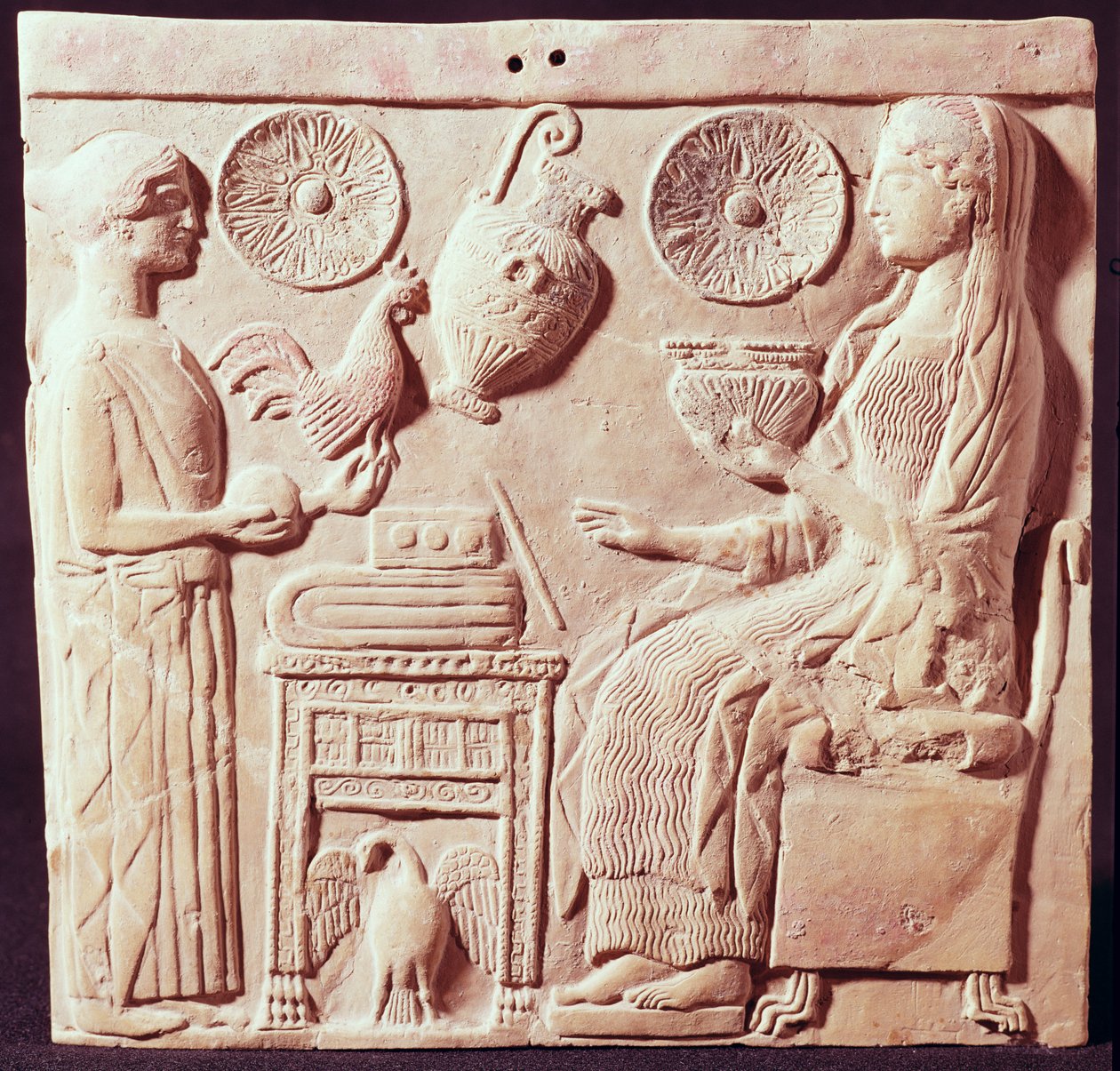 Placca raffigurante una donna che offre doni a una donna seduta, da Locri, c.450 a.C. da Greek
