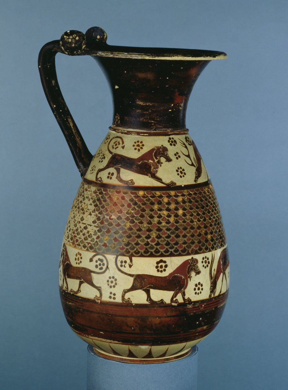 Olpe protocorinzia-corinzia di transizione decorata con un fregio animale, da Camirus, Rodi, c.640-625 a.C. da Greek