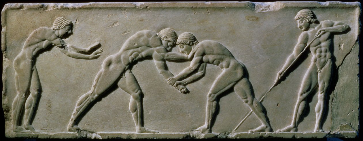Giovani uomini che lottano, da una base di statua trovata nel cimitero di Dipylon, Atene, c.510 a.C. da Greek