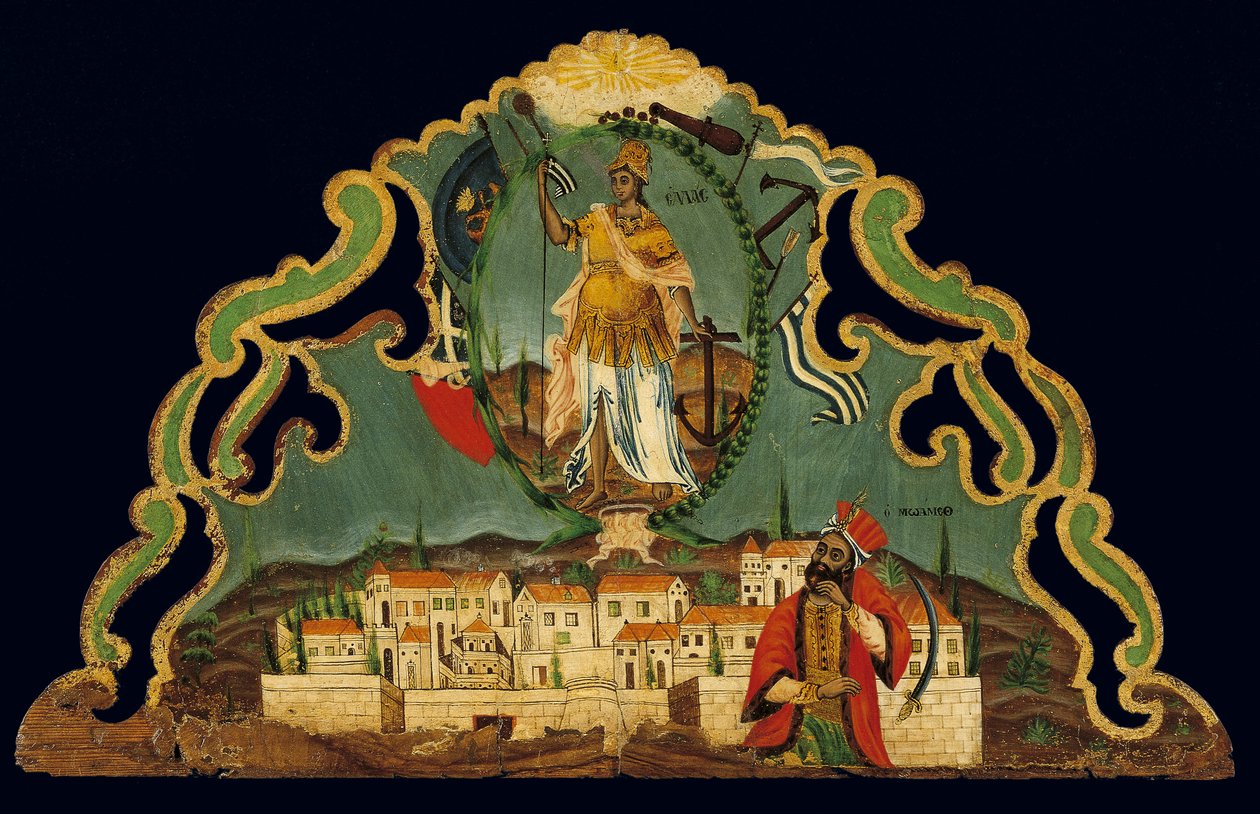 Pelmet raffigurante la Rinascita della Grecia sopra una rappresentazione di Costantinopoli, da Syros, Cicladi da Greek School