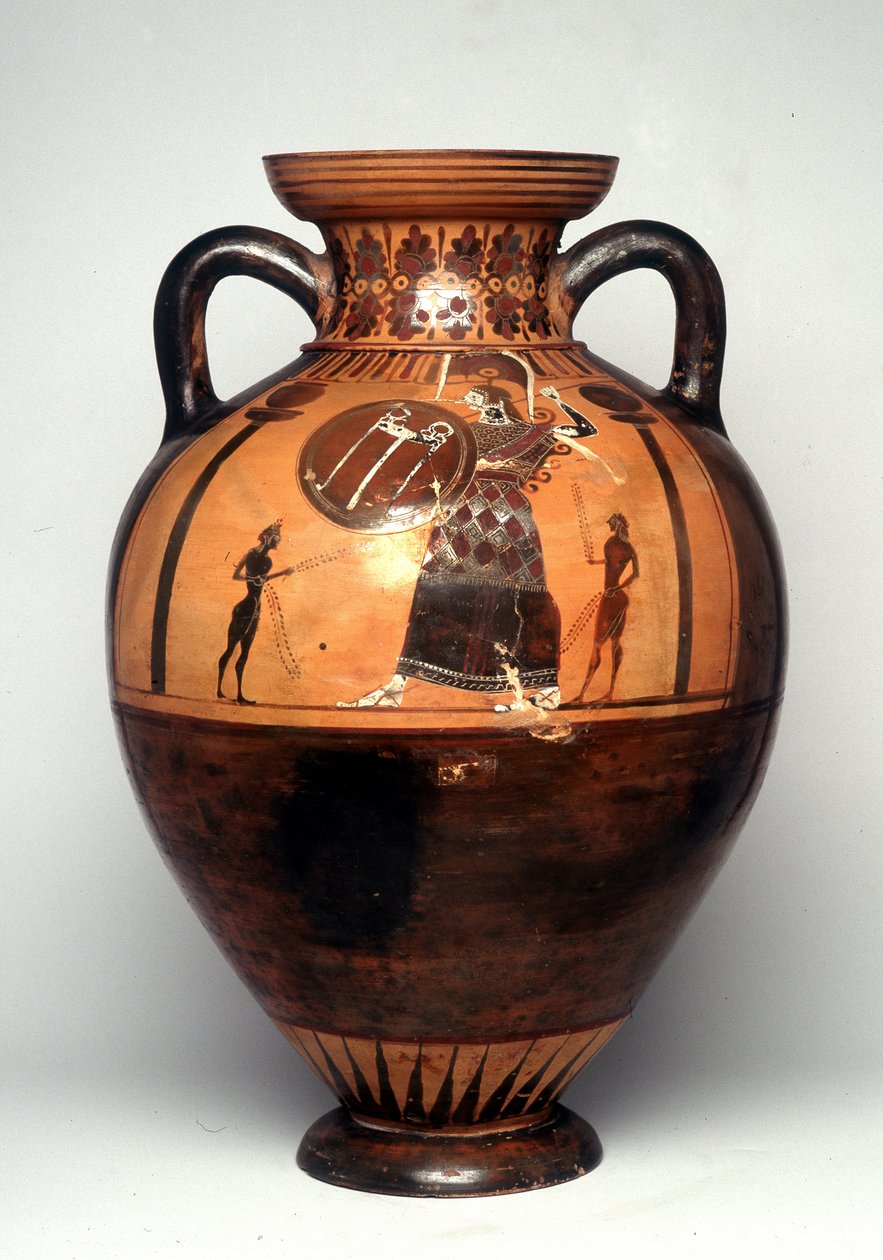 Vaso a figure nere raffigurante Atena che brandisce uno scudo e una lancia, 550 a.C. (ceramica) da Greek