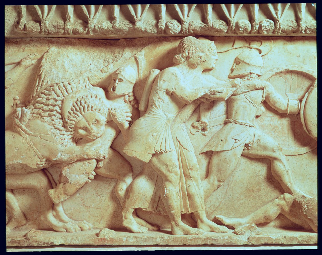 (dettaglio) del fregio nord del Tesoro di Siphnian che raffigura dei combattimenti tra dei e giganti, c.525 a.C. da Greek