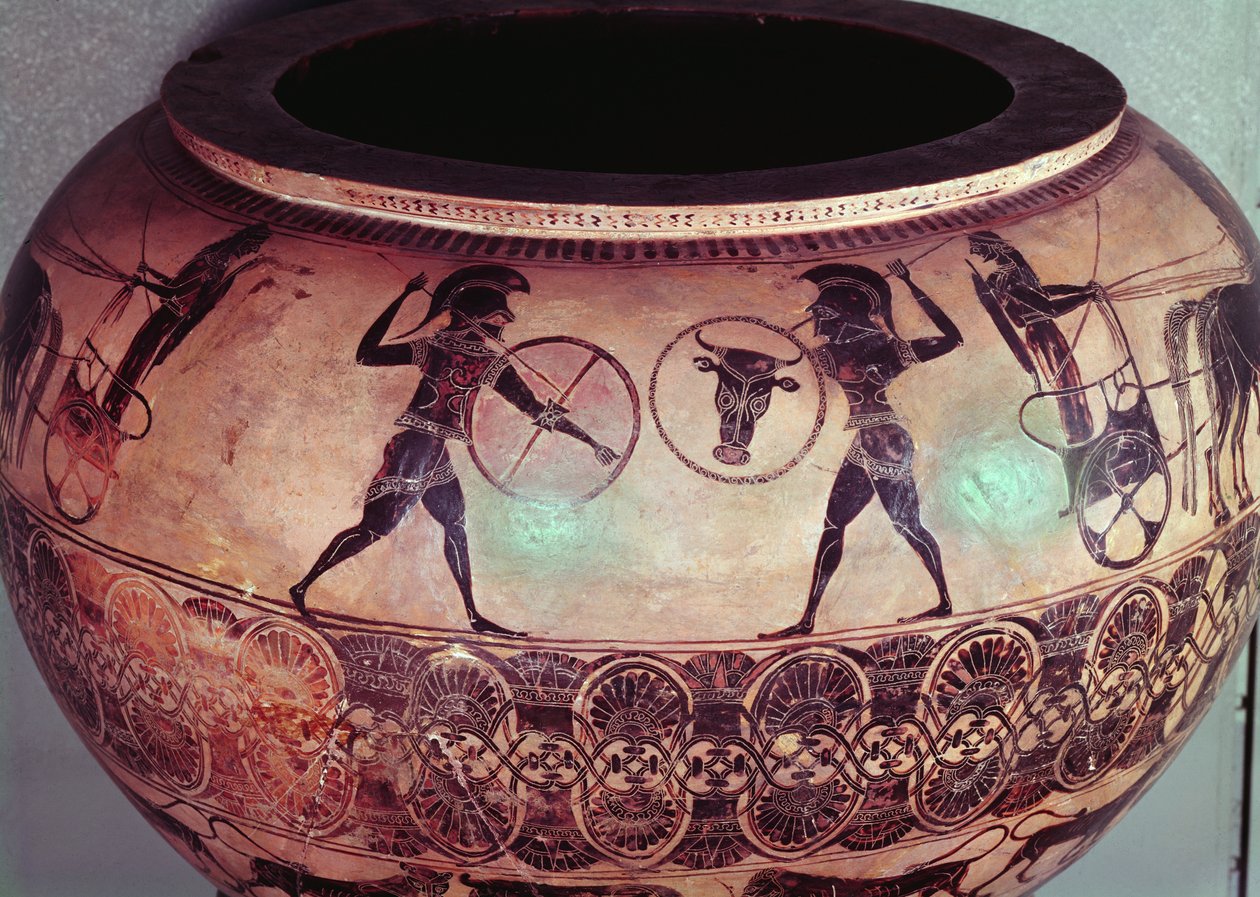 Dinos che raffigura Perseo e le Gorgoni, dettaglio che mostra gli opliti che combattono tra i loro carri, c.580 a.C. da Greek
