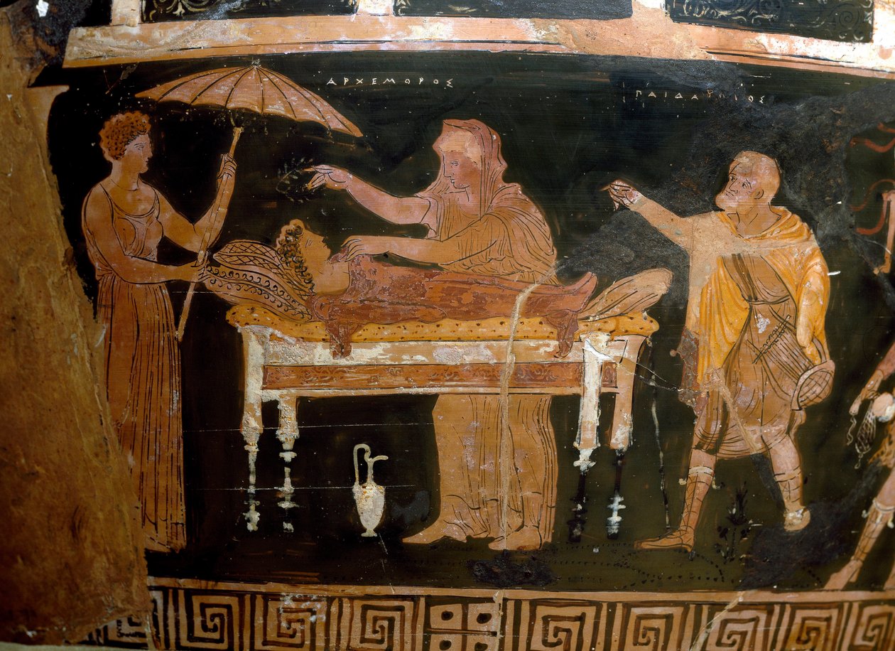 Arte Greca: Vaso di Arhemore: il Funerale di Arhemore (Ofelte) Dipinto dal pittore di Dario. Da Ruvo. IV secolo a.C. Museo Archeologico Nazionale, Napoli da Greek