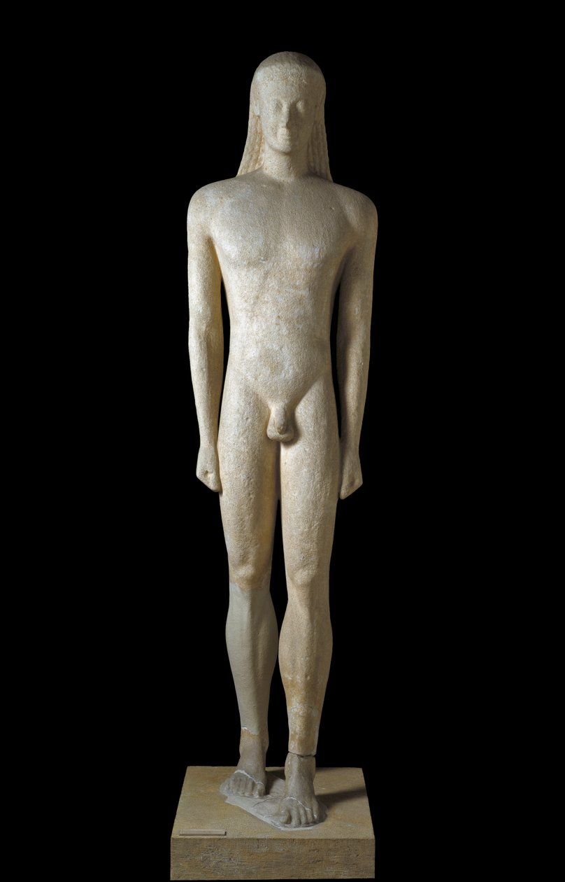Arte greca: statua di Kouros, scultura di giovane uomo del periodo arcaico (650-500 a.C.), 530-520 a.C., da Melos, Dim. 1,94 m - Atene, Museo Archeologico Nazionale da Greek