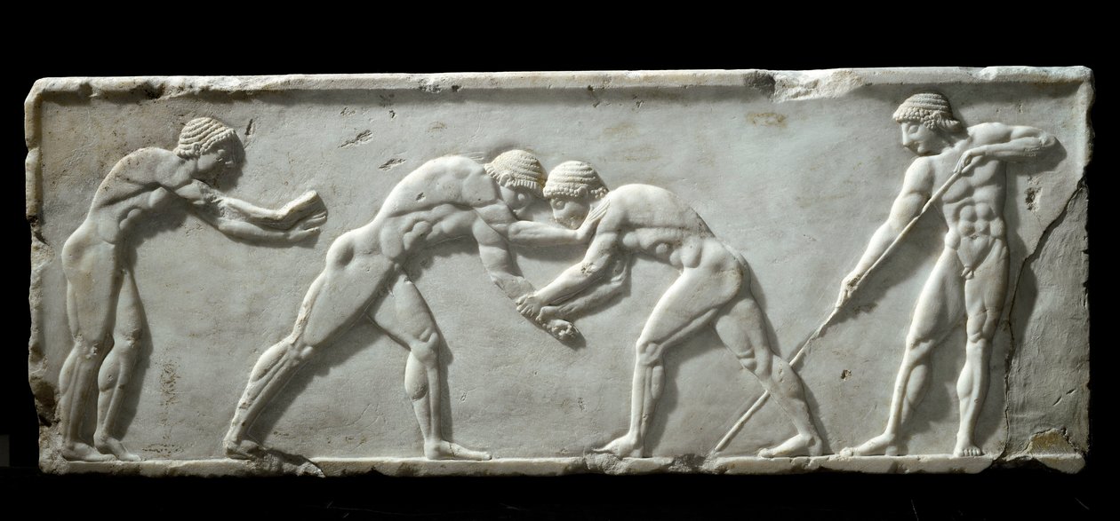 Arte greca: base di kouros rappresentante lottatori durante un combattimento da Greek