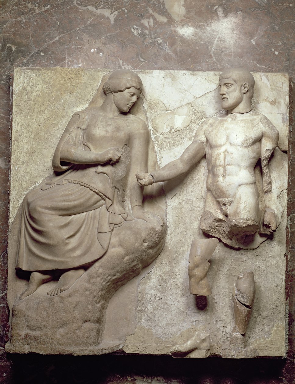 Ercole e Minerva, una delle metope che raffigurano le Fatiche di Ercole dal Tempio di Zeus a Olimpia, Periodo Classico Antico, c.470-457 a.C. da Greek