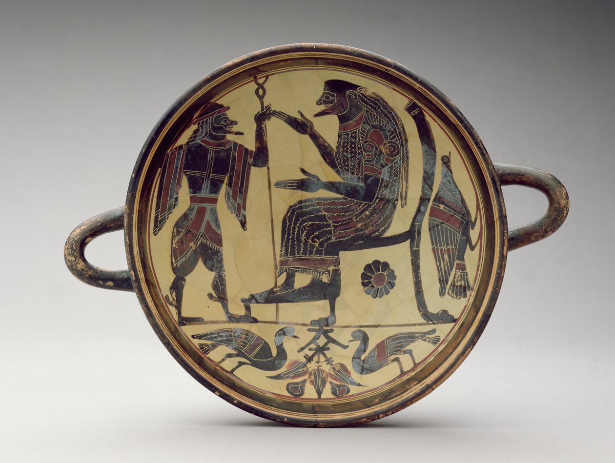 Coppa Kylix laconica raffigurante Zeus e Hermes, c.550-530 a.C. da Greek
