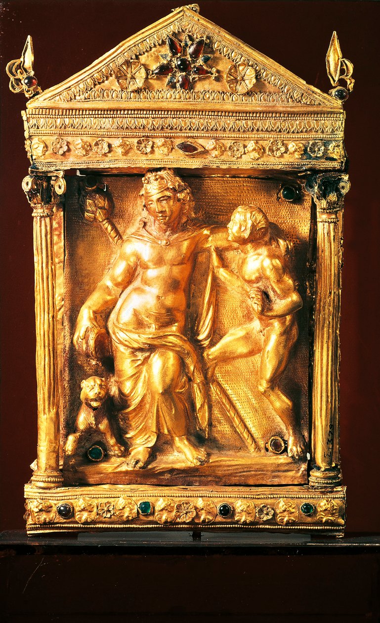Naiskos con Dioniso ubriaco e satiro, piccolo tempio in stile ellenistico con granati e smeraldi da Tessaglia, II secolo a.C. (oro) da Greek