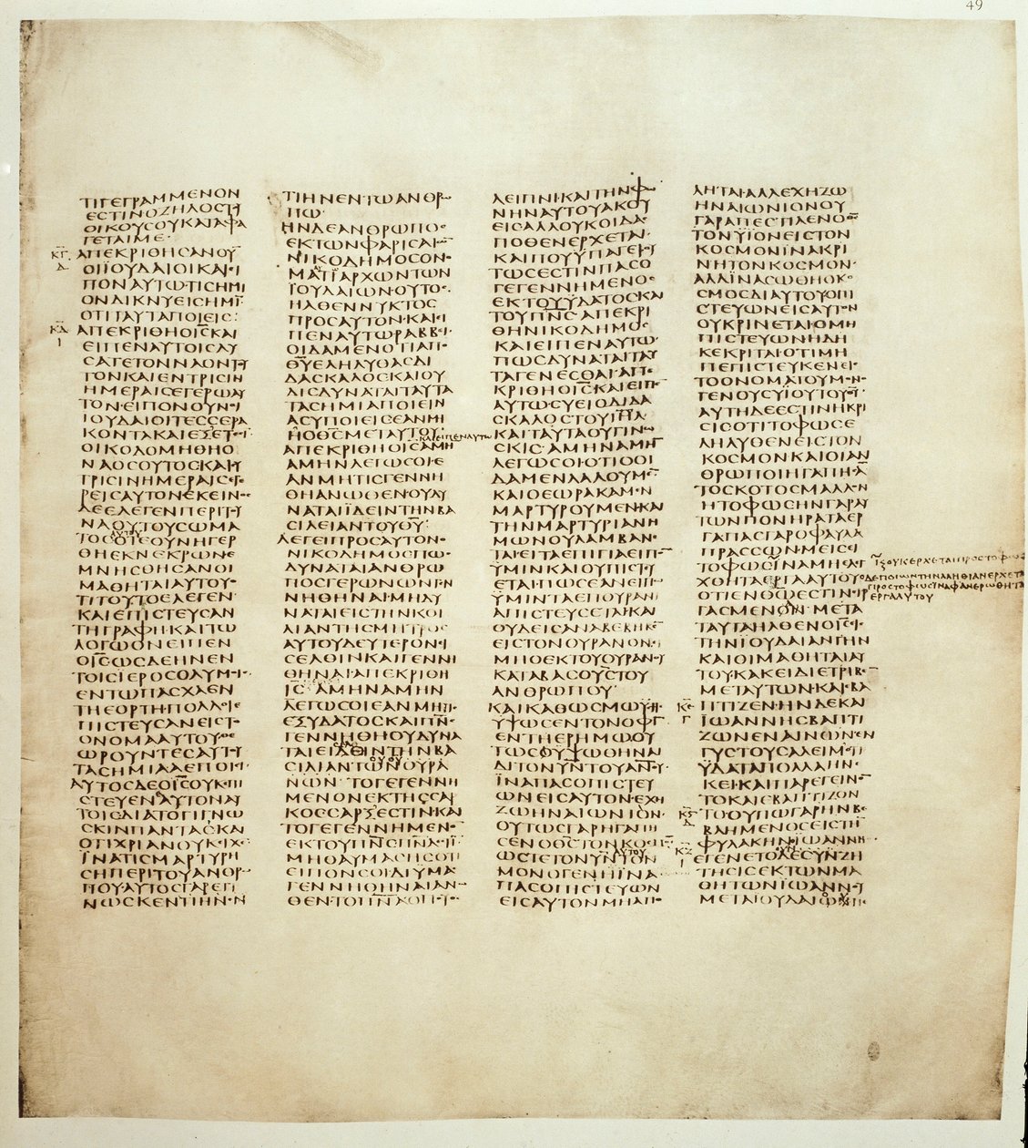 Pagina del Vangelo di San Giovanni. Codice greco noto come Codex Sinaiticus tra il 330 e il 350 da Greek