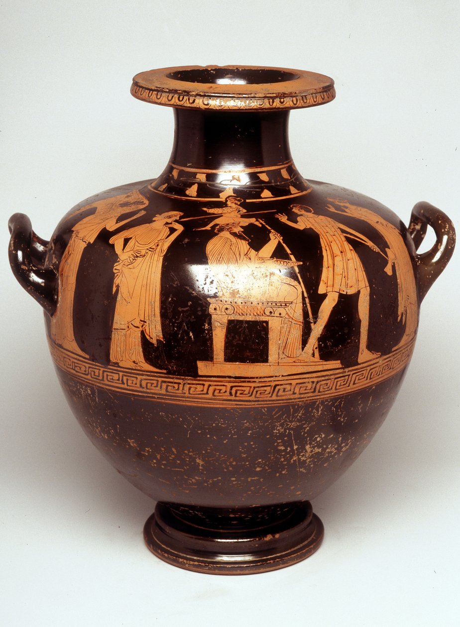 Dipinto su vaso: Rappresentazione di Giove (Zeus) troncato al centro. Sopra la sua testa appare Atena, ogni esercito (nascita di Atena). Di fronte a Zeus, è Efesto. 470 a.C. BNF, Cabinet des Medailles da Greek