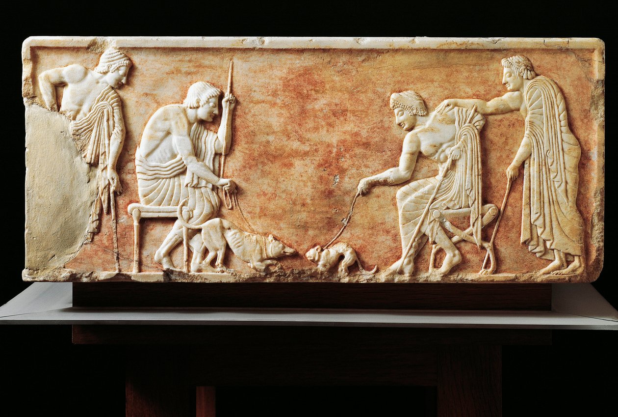 Stele che raffigura lotta tra cane e gatto, 510 a.C. (rilievo) da Greek