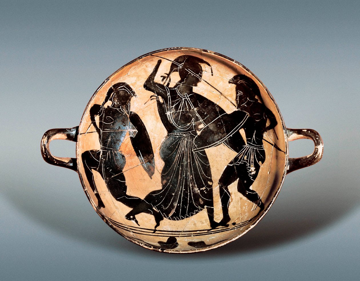 Guerra di Troia: Dea Atena che lotta tra Ettore e Achille. VI secolo a.C. Kylix (coppa da bere) con figure nere in ceramica, Museo Archeologico della Catalogna, Barcellona. da Greek