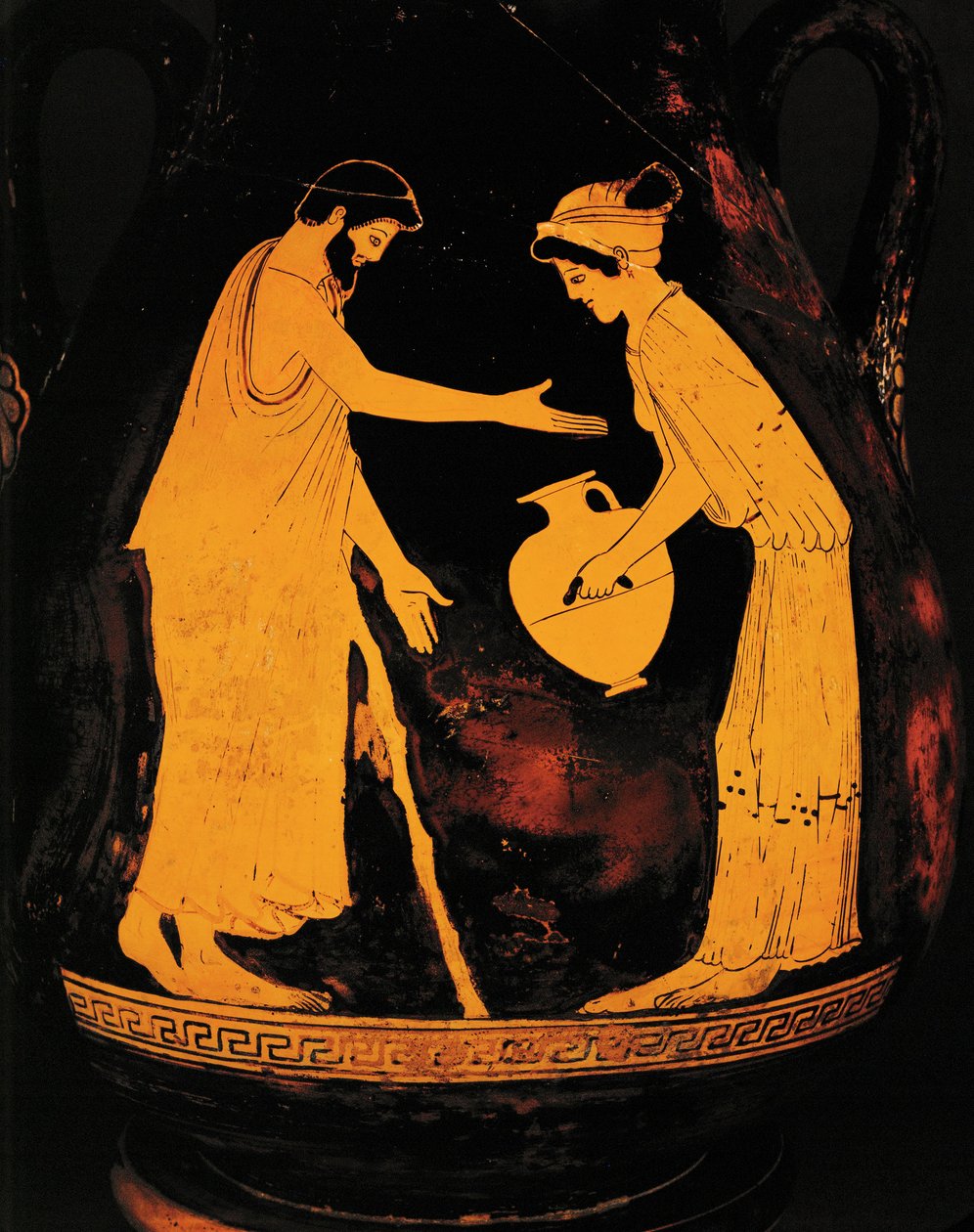 Uomo con bastone da passeggio e donna con idria ... da Greek Greek