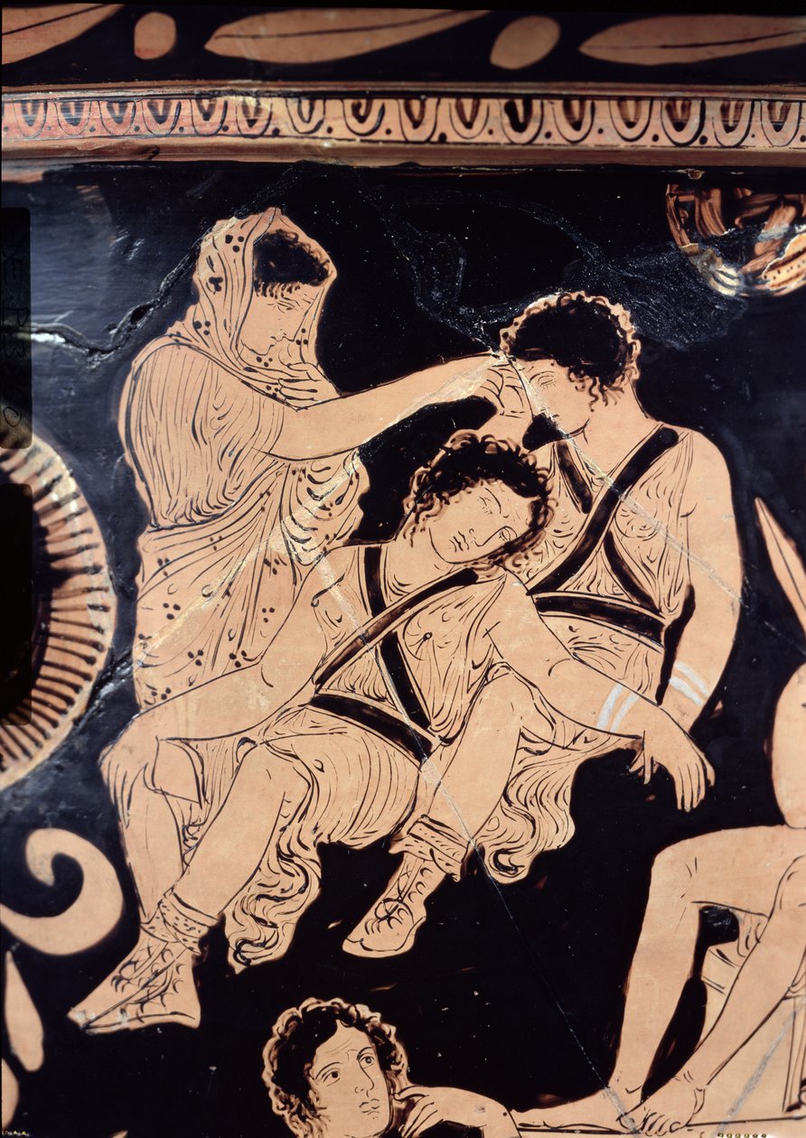 Cratere attico a figure rosse raffigurante Oreste supplice al santuario di Apollo a Delfi, attribuito al Pittore delle Eumenidi Apulee, c.380 a.C. (dettaglio) da Greek School
