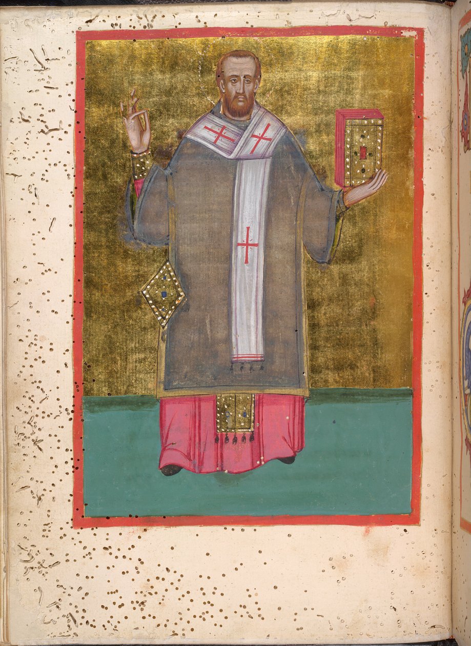 Egerton 2392, f.5v, Miniatura di Giovanni Crisostomo in piedi che tiene un libro, da 