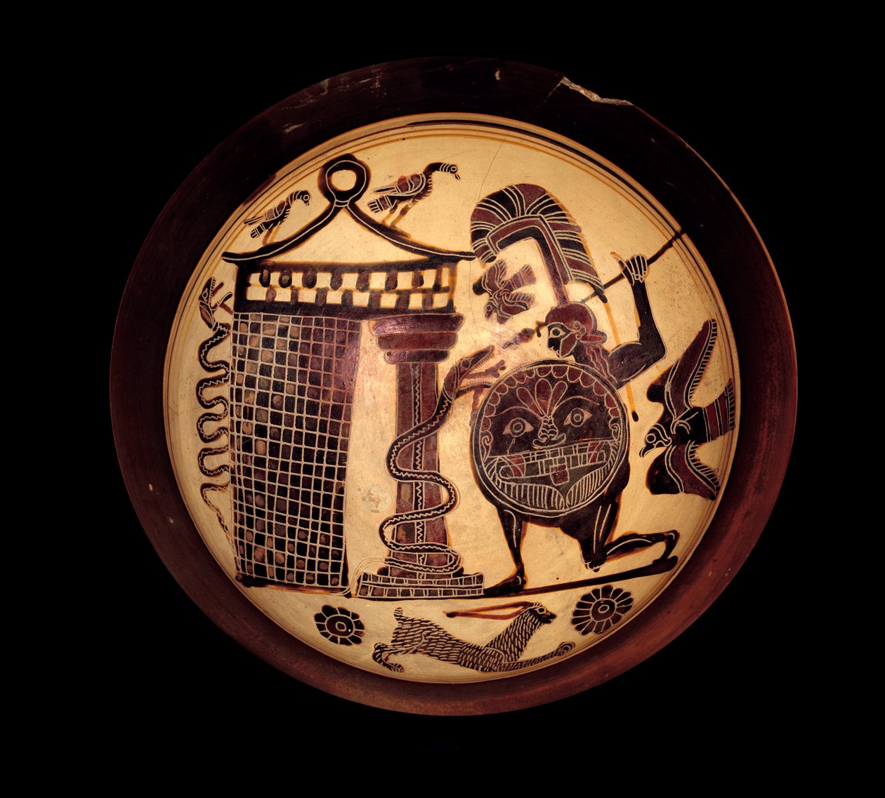 Arte greca: coppa laconica con figure nere rappresentanti Cadmo che combatte il drago di Tebe o Apollo e il serpente Pitone da Greek School