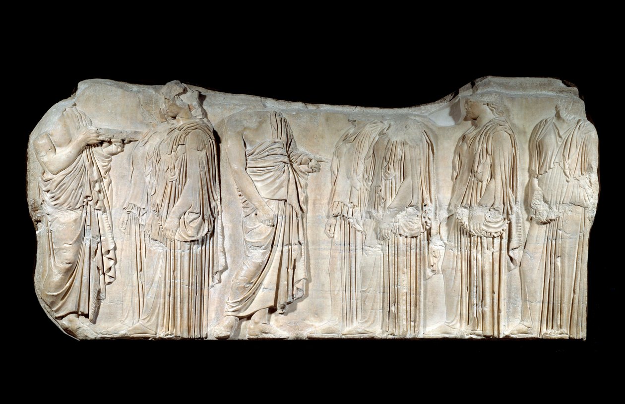Arte greca: frammento del fregio del Partenone: processione della festa delle Grandi Panatenee: autorizzatori ed ergastine. Periodo classico. Parigi, Museo del Louvre da Greek School