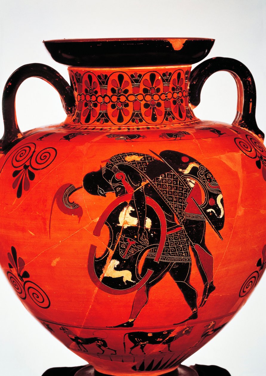 Civiltà greca, VI secolo a.C. Ceramica a figure nere. Anfora raffigurante Aiace che trasporta il corpo di Achille. da Greek School