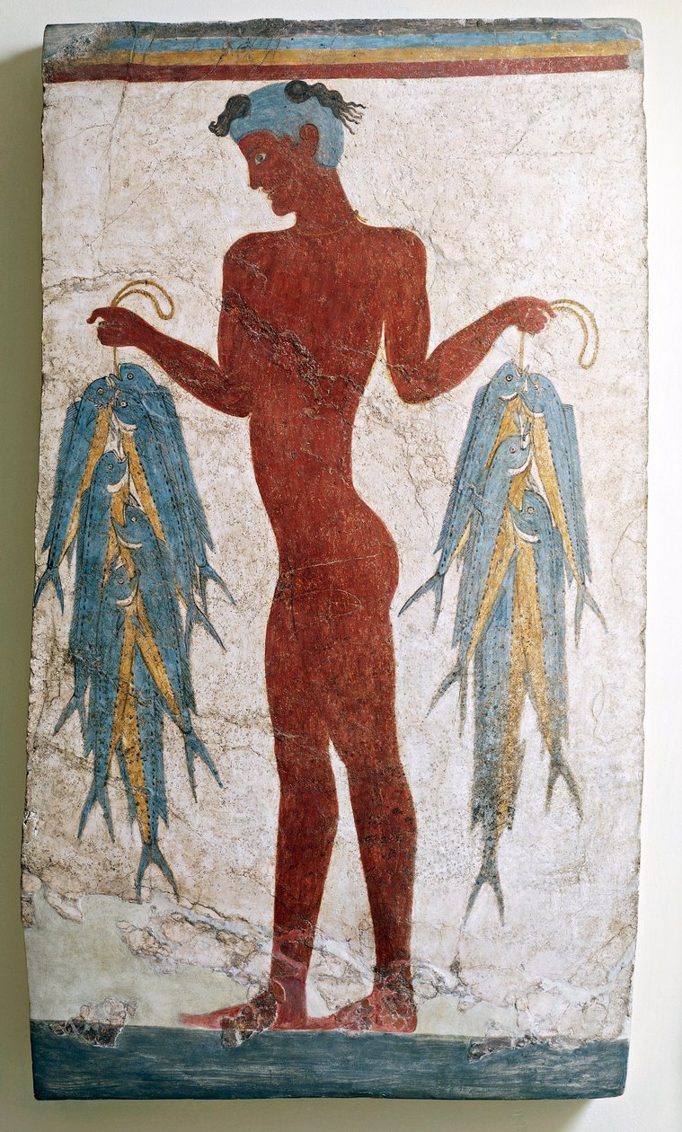 Civiltà greca, affresco raffigurante pescatore, da Akrotiri, Thera, Santorini, Grecia da Greek School