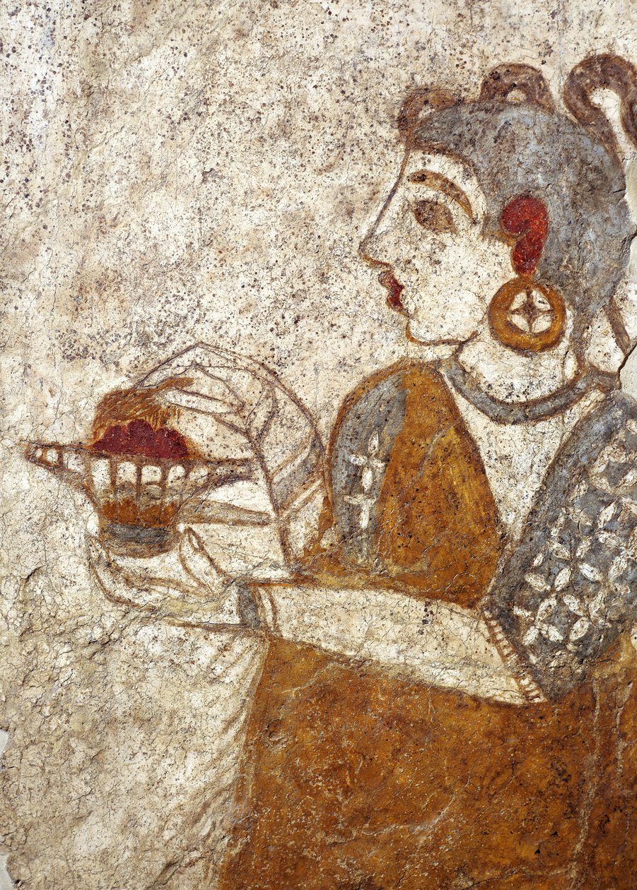 Civiltà greca, affresco che raffigura una sacerdotessa che brucia incenso, da Akrotiri, Isola di Thera, Santorini, Grecia da Greek School