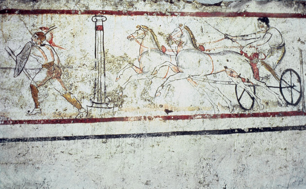 Affresco tombale lucano raffigurante un gladiatore e un uomo su un carro, Paestum 350-330 a.C. da Greek School