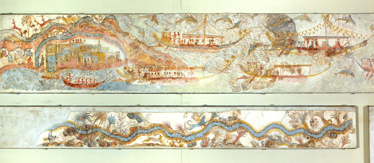 Spedizioni navali e paesaggio fluviale, affresco di Akrotiri, Thera (oggi Santorini), Grecia, Civiltà Minoica da Greek School