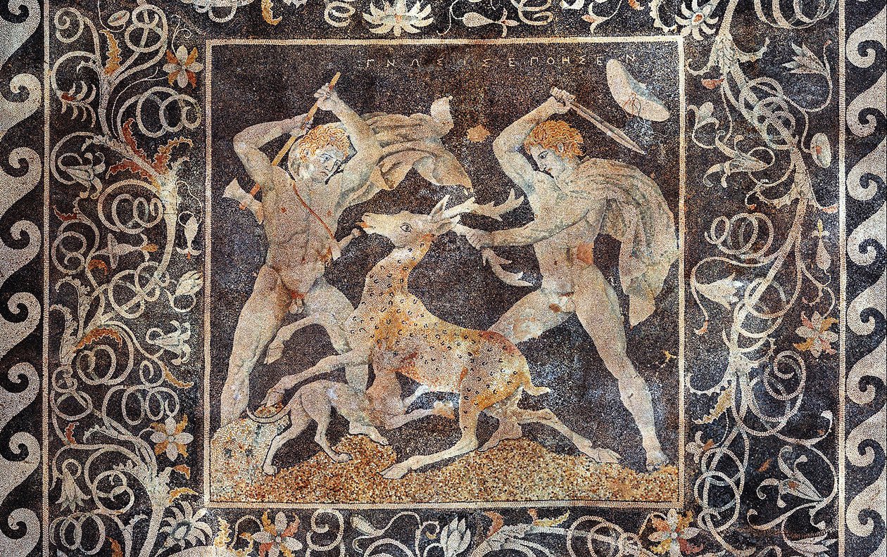 Mosaico della caccia al cervo, Alessandro Magno e Efestione, Pella, Grecia, 330-300 a.C. da Greek School